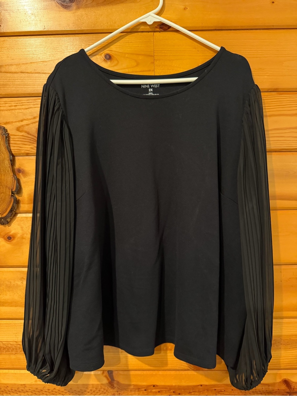 Nine West Black Pleated-Sleeve Long-Sleeve Women's Top